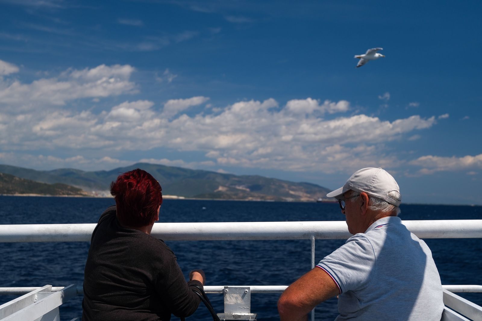 Travelers enjoying the sea view from a ship rail